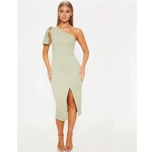 NWT PrettyLittleThing Sage Green One Shoulder Midi Dress with Thigh Slit